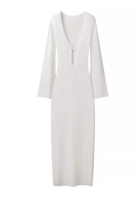 Women’s black knit maxi dress with metal buckle detail, evening gown style.- HalleBeauty