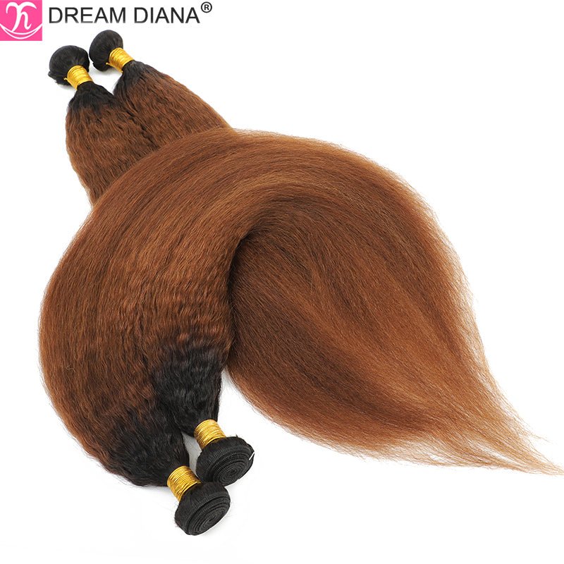 Kinky Straight Bundles - Brazilian Virgin Human Hair Weave (Brown Ombre Yaki) - HalleBeauty