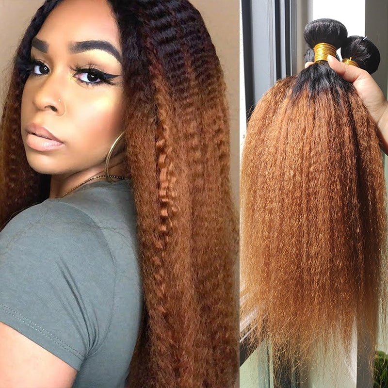 Kinky Straight Bundles - Brazilian Virgin Human Hair Weave (Brown Ombre Yaki) - HalleBeauty