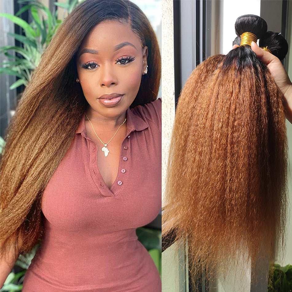 Kinky Straight Bundles - Brazilian Virgin Human Hair Weave (Brown Ombre Yaki) - HalleBeauty