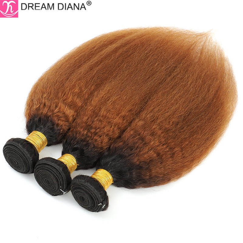 Kinky Straight Bundles - Brazilian Virgin Human Hair Weave (Brown Ombre Yaki) - HalleBeauty