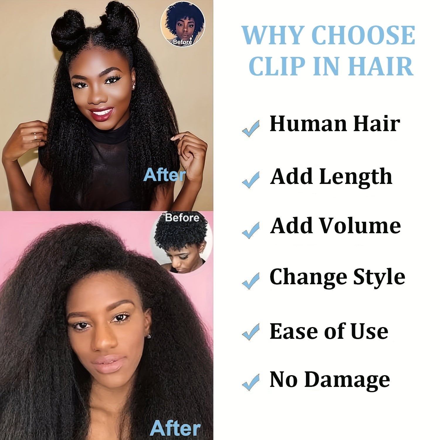 Kinky Straight Clip - Ins - 100% Brazilian Human Hair - HalleBeauty