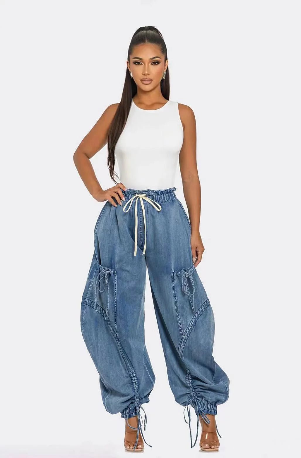 Lace - Up High Waist Cargo Jeans - HalleBeauty