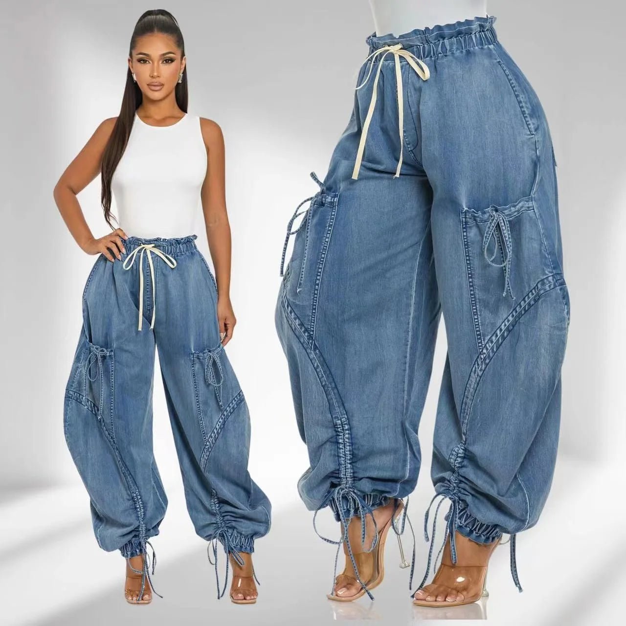 Lace - Up High Waist Cargo Jeans - HalleBeauty