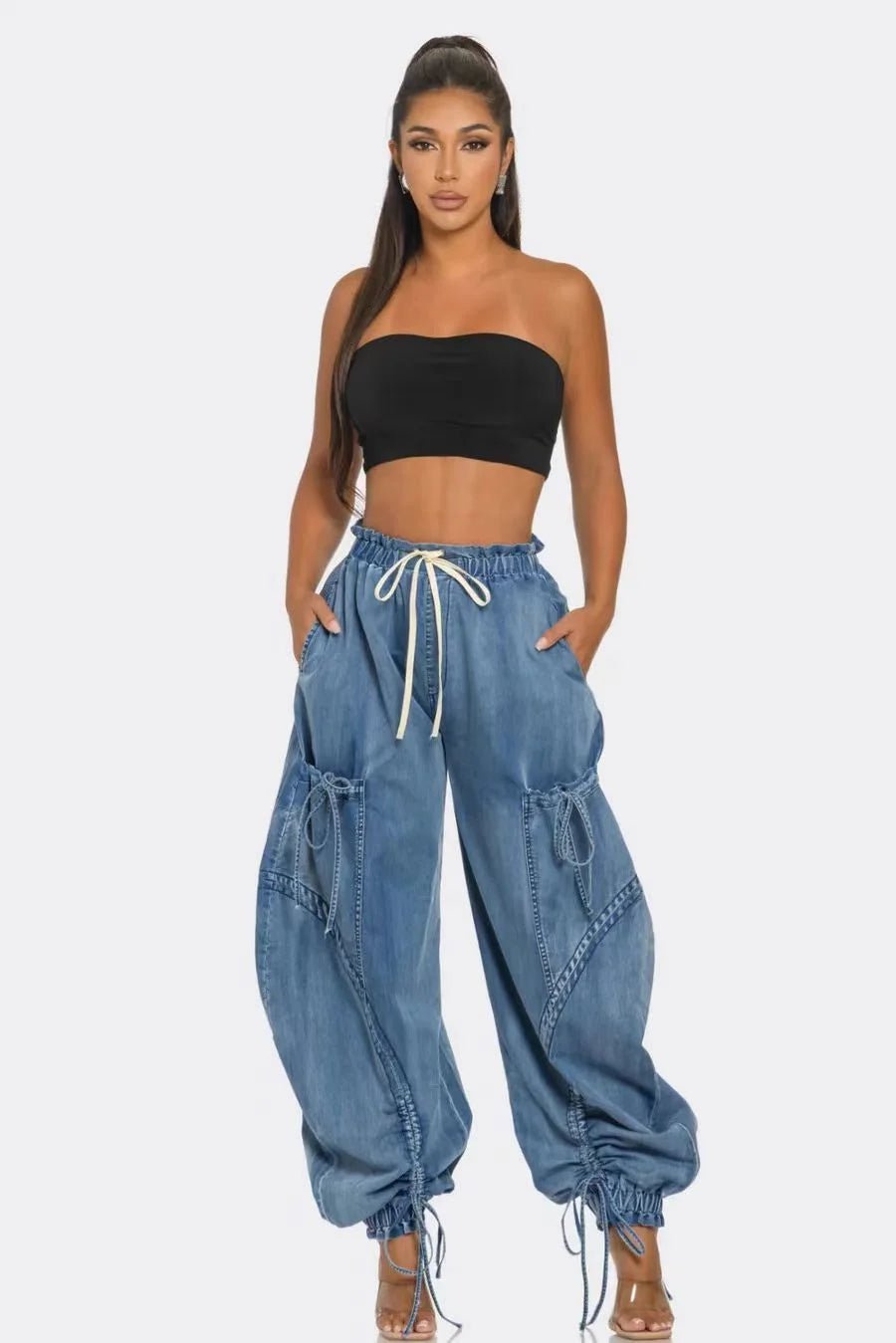 Lace - Up High Waist Cargo Jeans - HalleBeauty