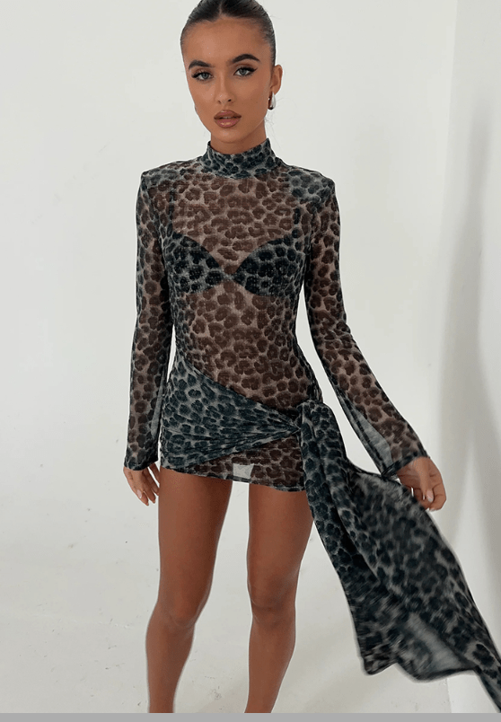 Leopard Bandage Dress - Sheer Turtleneck Mini - HalleBeauty