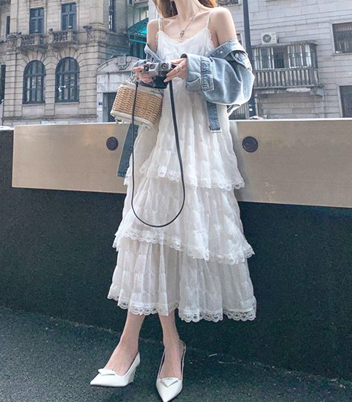 Maxi Dress - Vintage Ruffled Camisole Dress (Silky & Sexy) - HalleBeauty