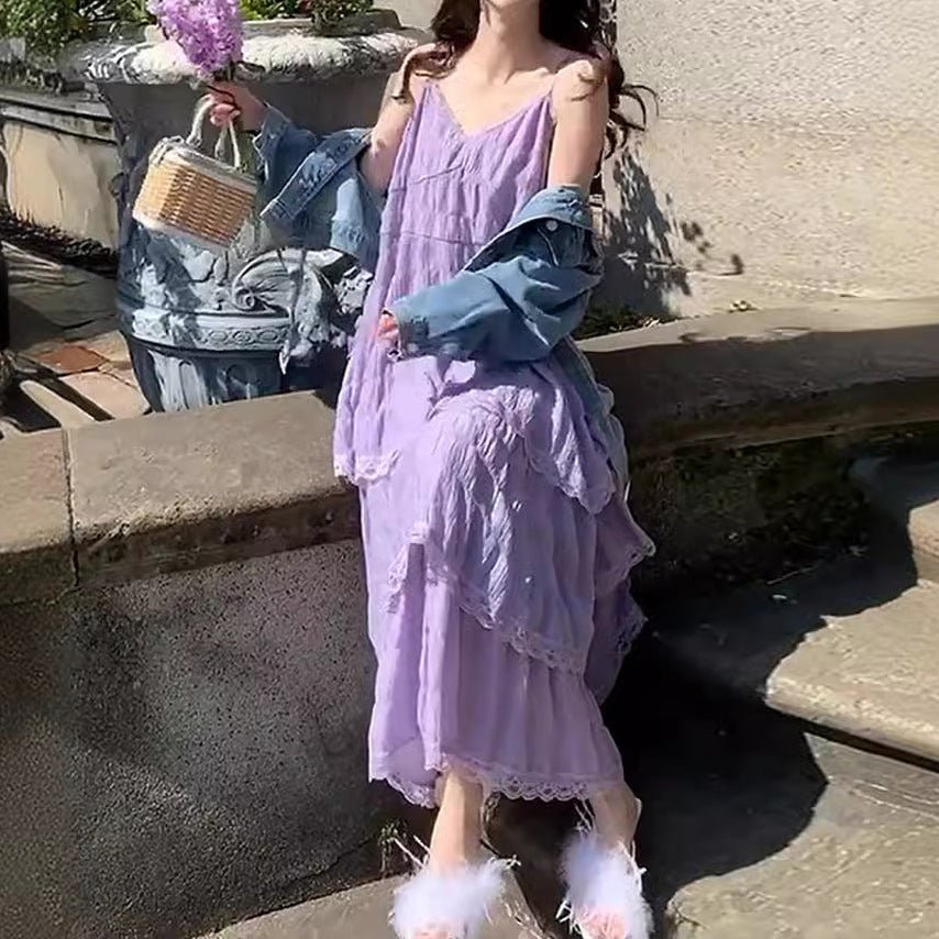 Maxi Dress - Vintage Ruffled Camisole Dress (Silky & Sexy) - HalleBeauty