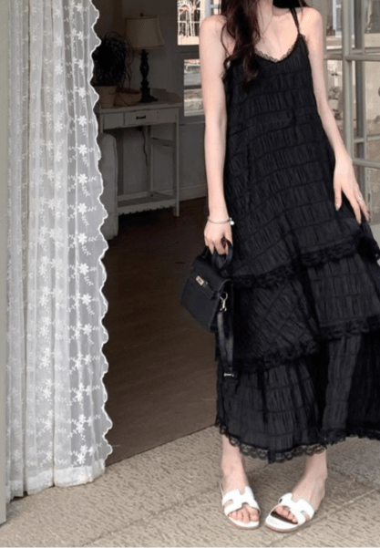 Maxi Dress - Vintage Ruffled Camisole Dress (Silky & Sexy) - HalleBeauty