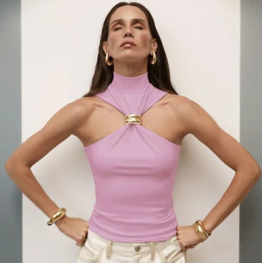 Metal Ring Turtleneck Vest | Skinny Knit Camisole Top for Women - HalleBeauty