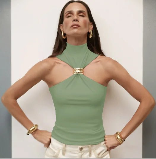 Metal Ring Turtleneck Vest | Skinny Knit Camisole Top for Women - HalleBeauty