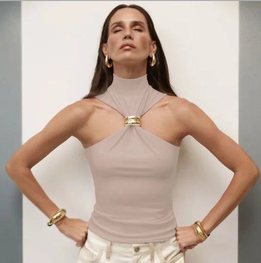 Metal Ring Turtleneck Vest | Skinny Knit Camisole Top for Women - HalleBeauty