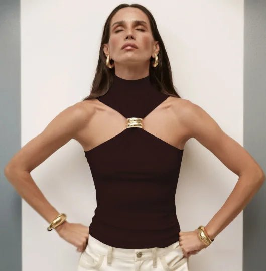 Metal Ring Turtleneck Vest | Skinny Knit Camisole Top for Women - HalleBeauty