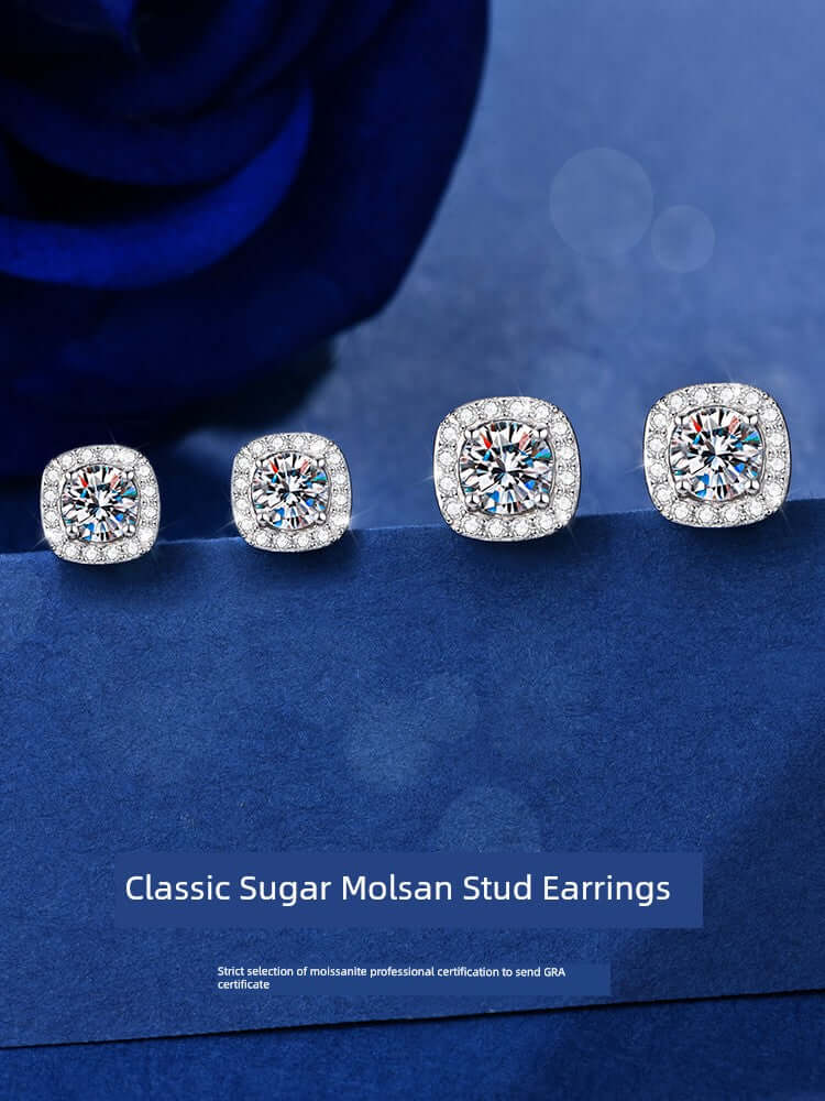 Moissanite Sterling Silver Small Square Bag Ear Studs - HalleBeauty