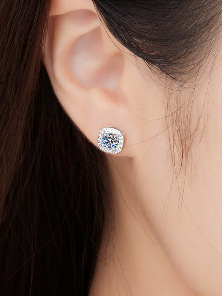 Moissanite Sterling Silver Small Square Bag Ear Studs - HalleBeauty
