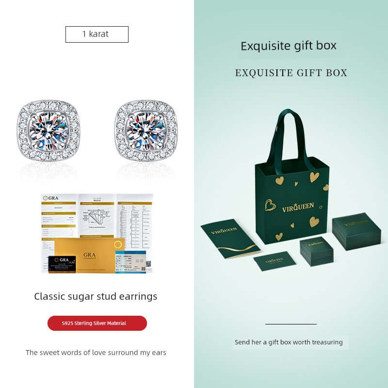 Moissanite Sterling Silver Small Square Bag Ear Studs - HalleBeauty