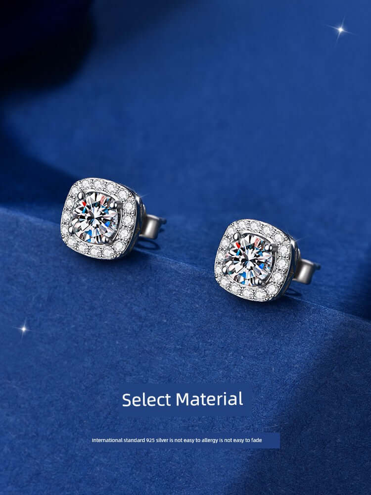 Moissanite Sterling Silver Small Square Bag Ear Studs - HalleBeauty