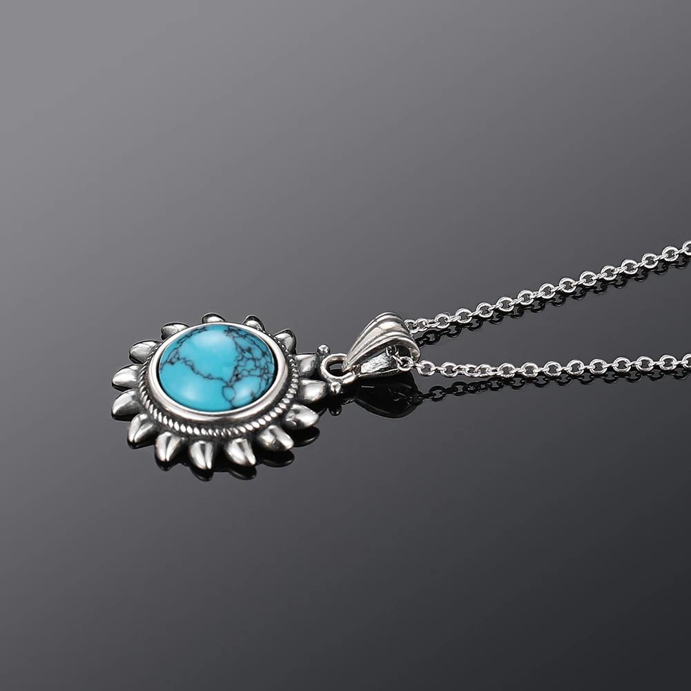 Natural Turquoise 925 Silver Pendant Necklace - Sun & Geometric Vintage Style - HalleBeauty
