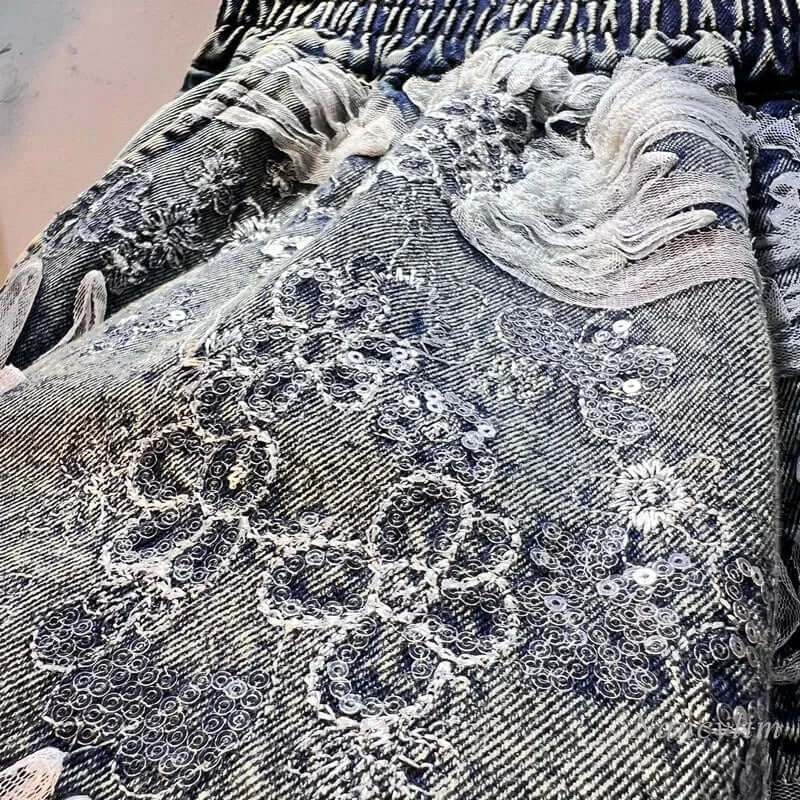 New Splicing Mesh Embroidery Sequins Elastic Waist Denim Wide Leg Shorts - HalleBeauty