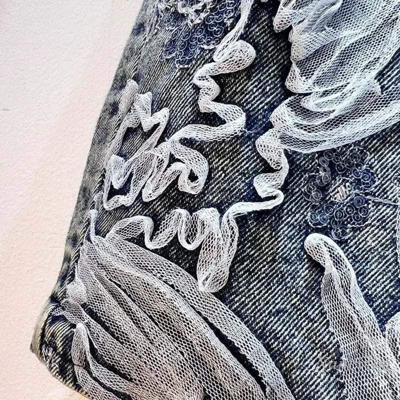 New Splicing Mesh Embroidery Sequins Elastic Waist Denim Wide Leg Shorts - HalleBeauty