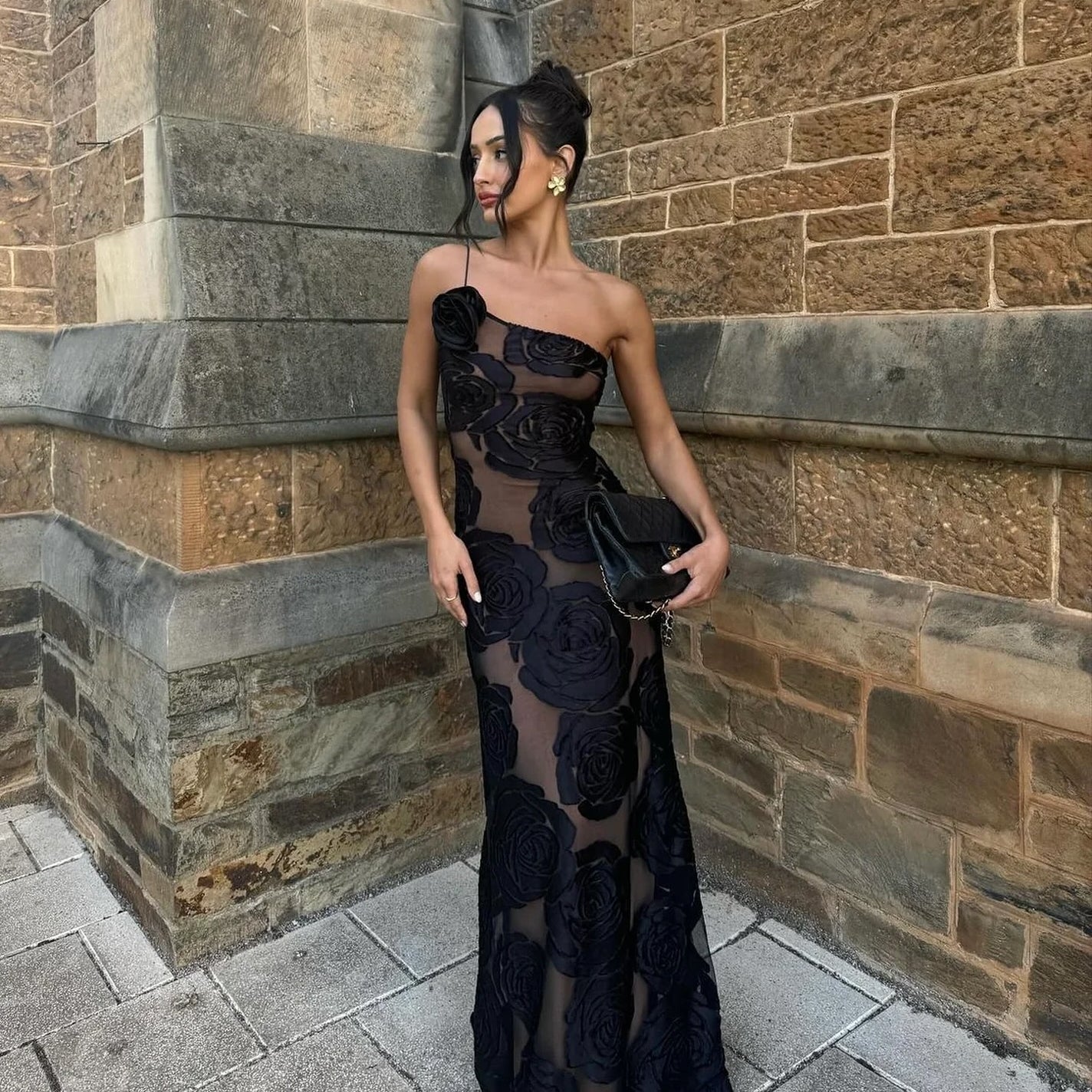 One - Shoulder Mesh Dress – Sophisticated Evening Gown with Sheer Accents - HalleBeauty