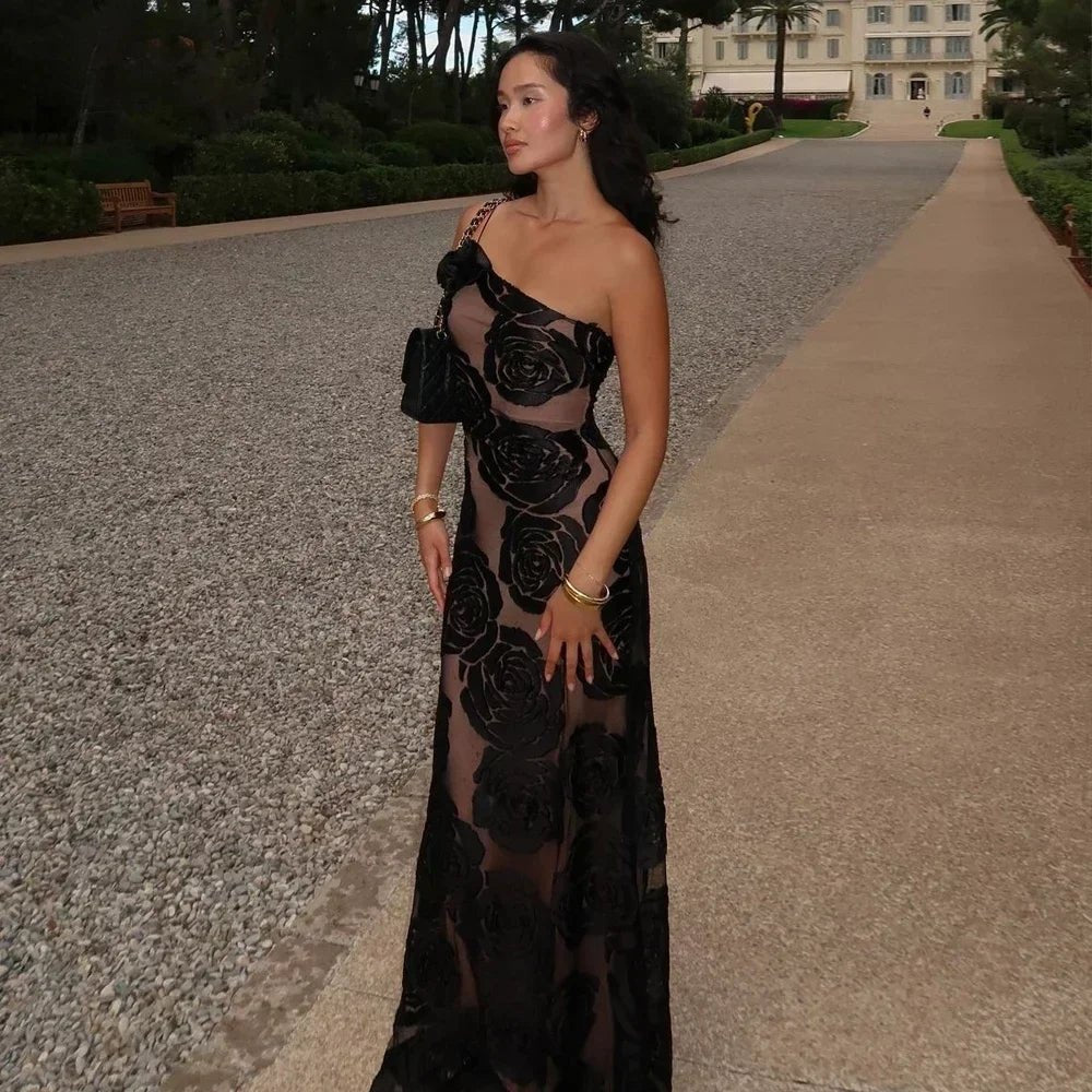 One - Shoulder Mesh Dress – Sophisticated Evening Gown with Sheer Accents - HalleBeauty