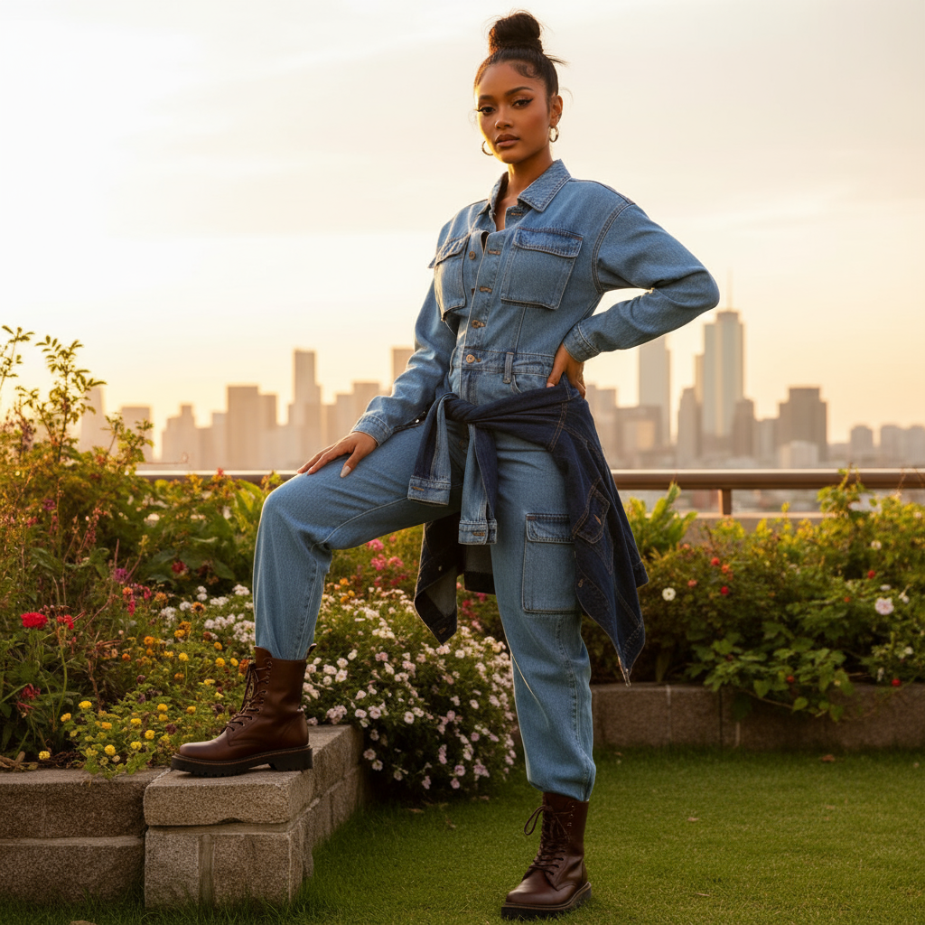 Outdoor adventure denim jumpsuit