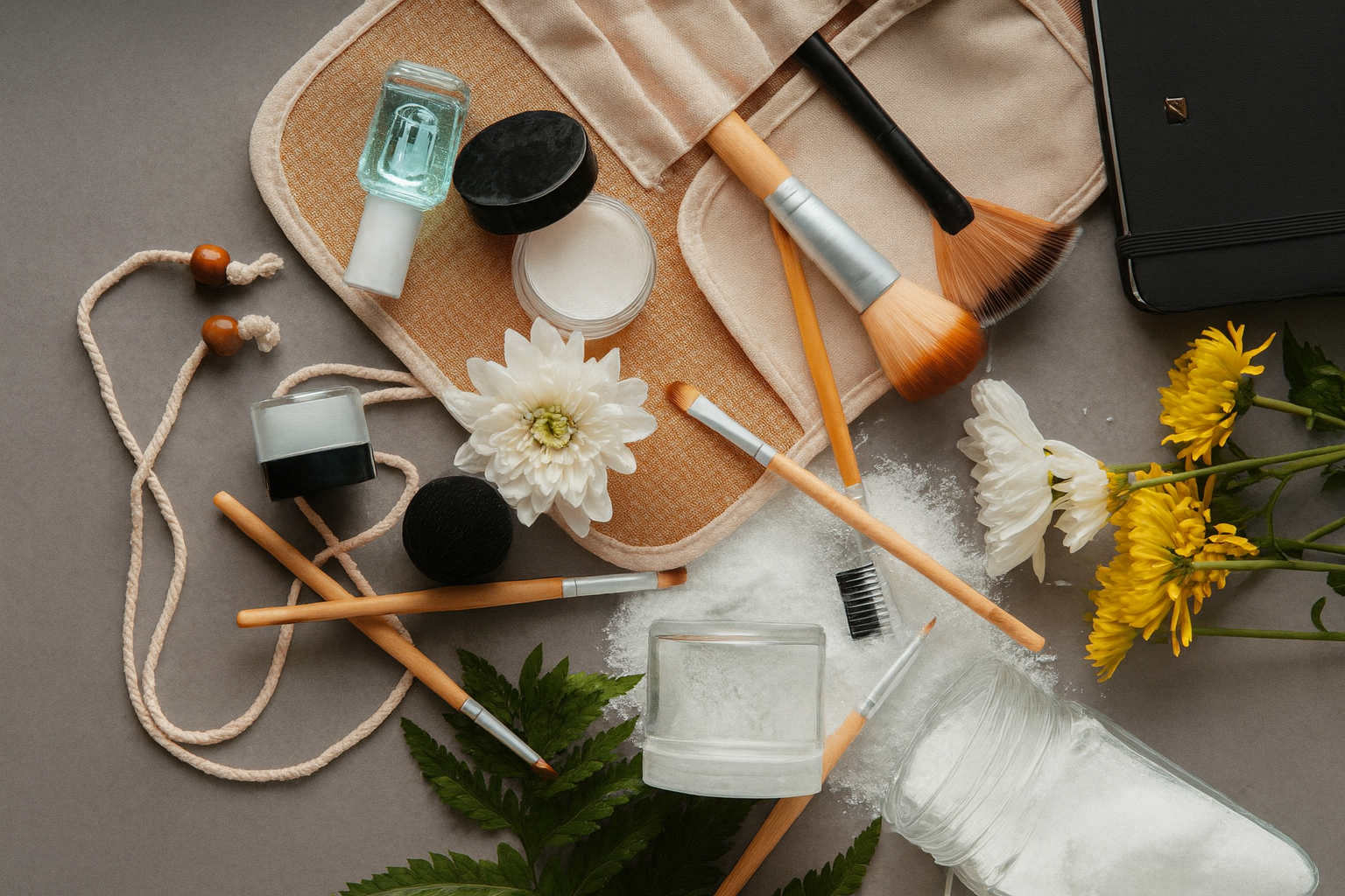 Makeup brushes, nail polish, and flowers on a textured surface