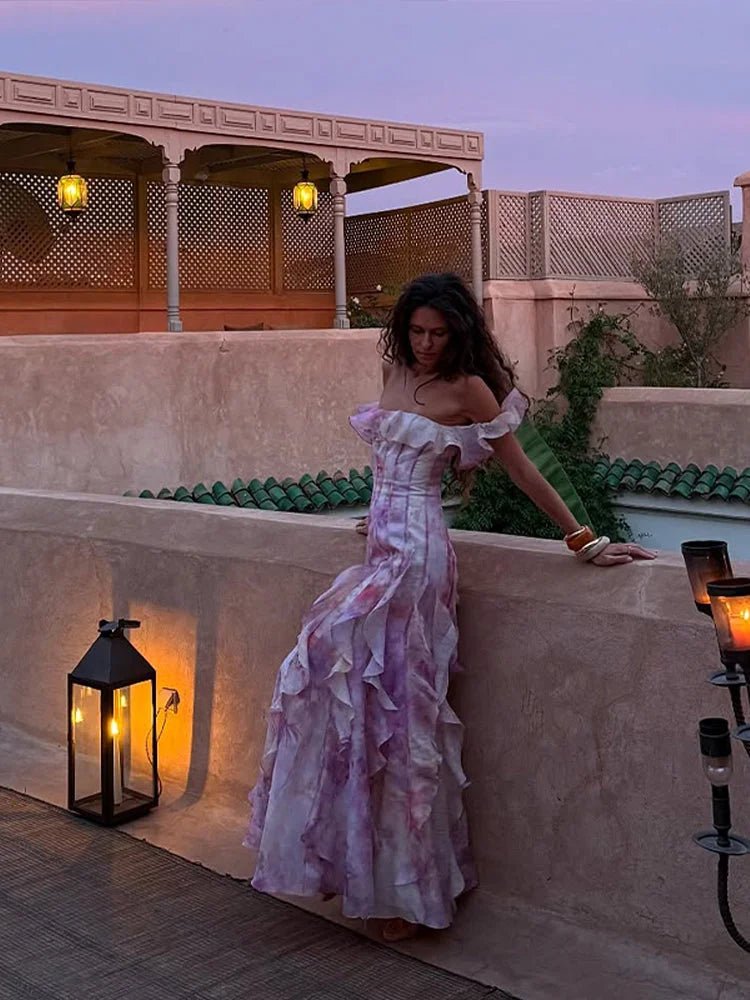 Pink Ruffled Off - Shoulder Maxi Dress - HalleBeauty