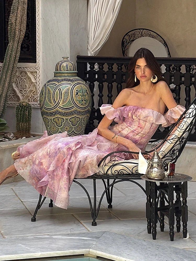 Pink Ruffled Off - Shoulder Maxi Dress - HalleBeauty