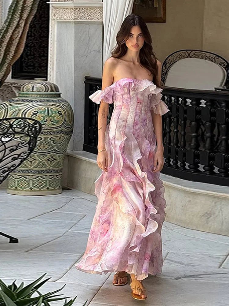 Pink Ruffled Off - Shoulder Maxi Dress - HalleBeauty