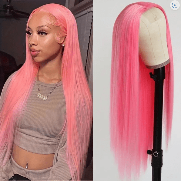 Pink Straight Lace Front Wig - 13x6 Pre - Plucked Human Hair (Bone Straight) - HalleBeauty