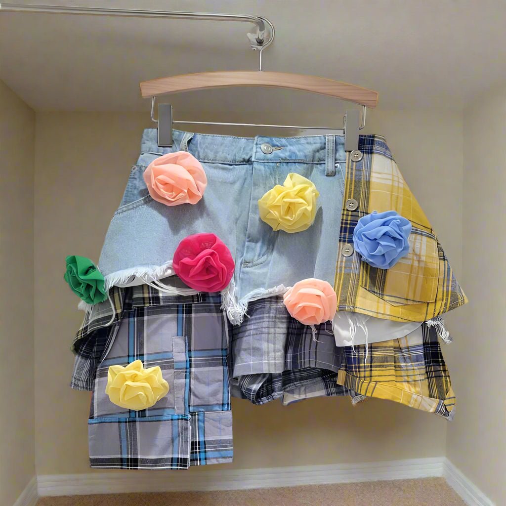 Plaid Patchwork Denim Mini Skirt - HalleBeauty