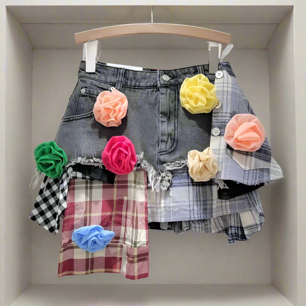 Plaid Patchwork Denim Mini Skirt - HalleBeauty