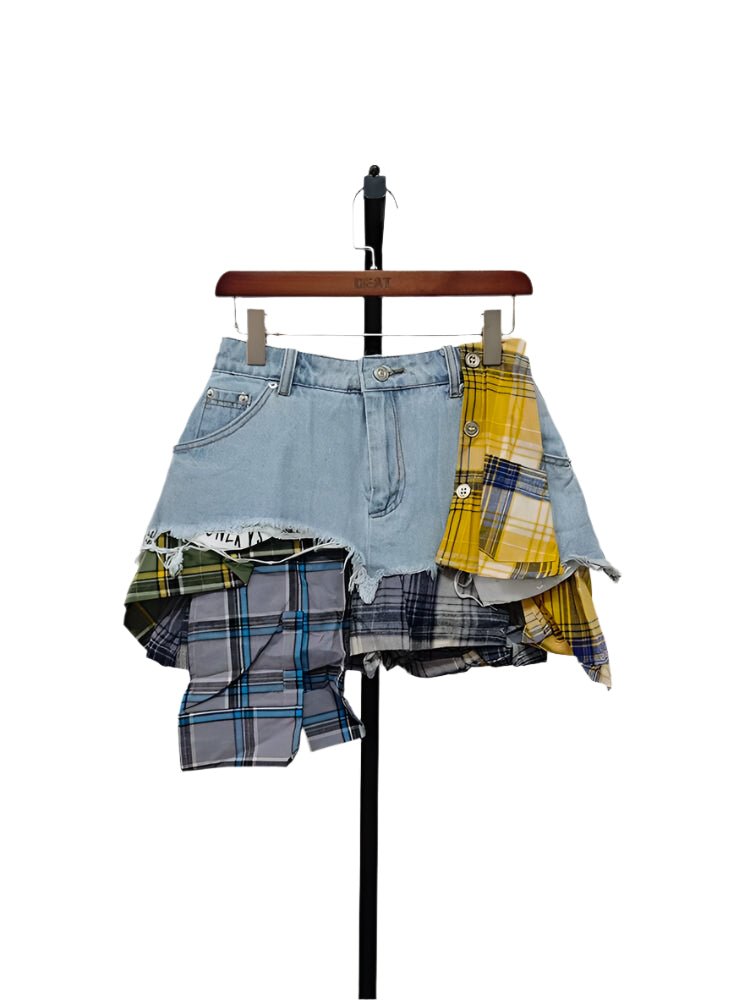 Plaid Patchwork Denim Mini Skirt - HalleBeauty