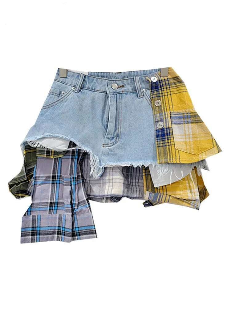 Plaid Patchwork Denim Mini Skirt - HalleBeauty