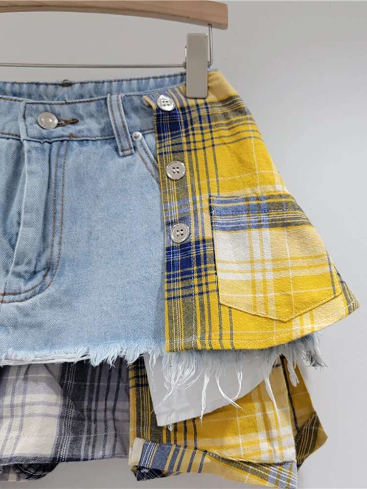 Plaid Patchwork Denim Mini Skirt - HalleBeauty