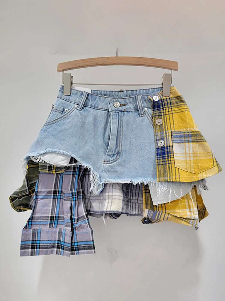 Plaid Patchwork Denim Mini Skirt - HalleBeauty
