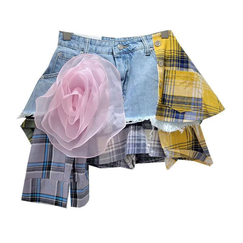 Plaid Patchwork Denim Mini Skirt - HalleBeauty