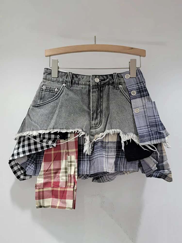 Plaid Patchwork Denim Mini Skirt - HalleBeauty