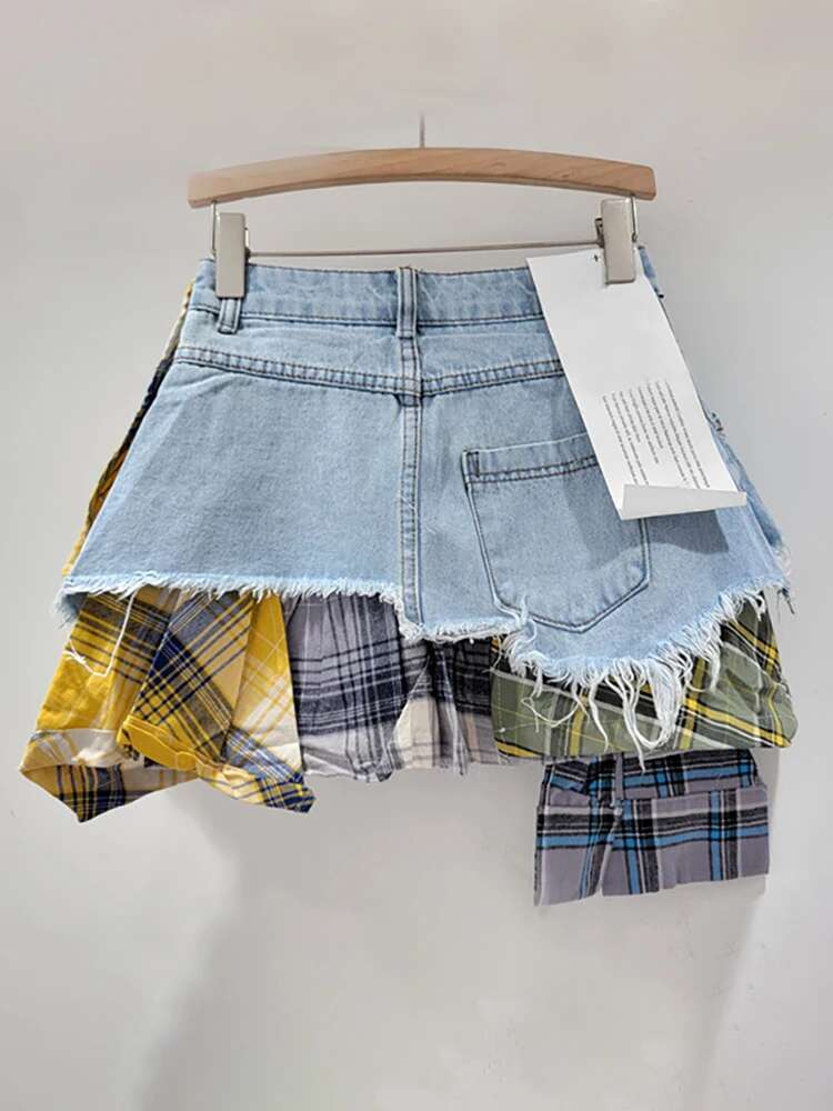 Plaid Patchwork Denim Mini Skirt - HalleBeauty