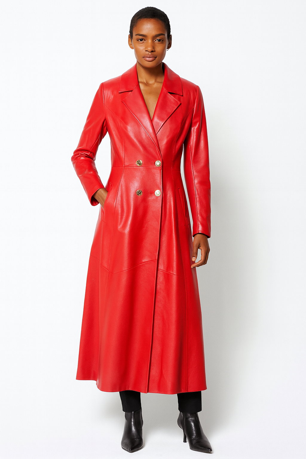 Red leather coat worn by a model.