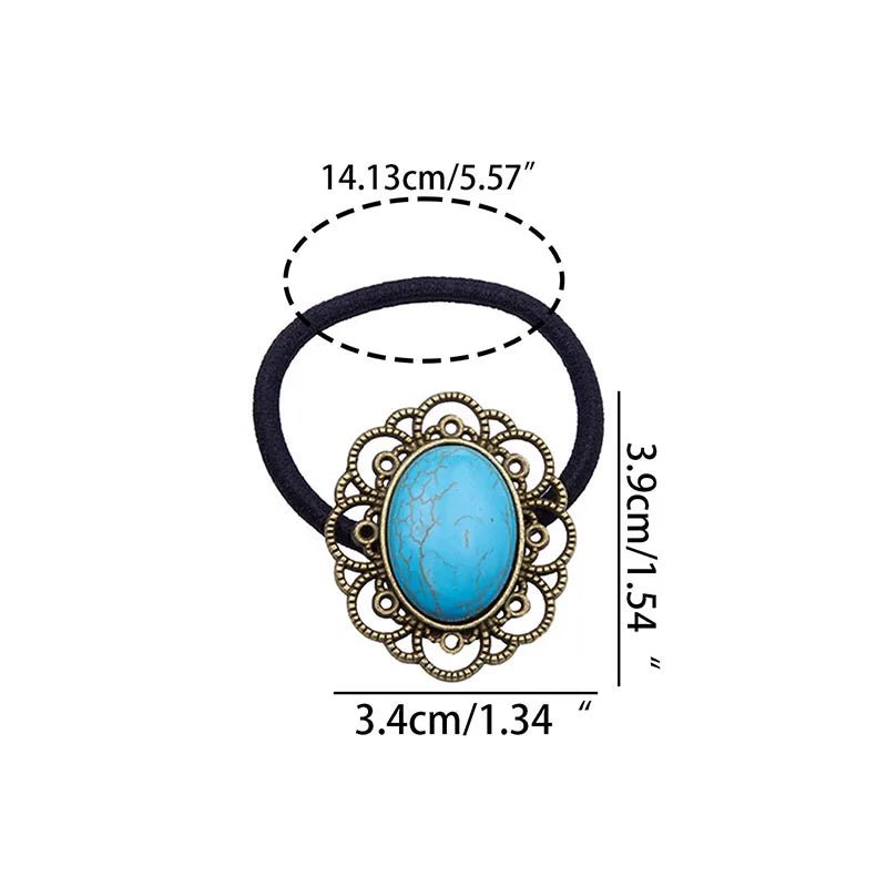 Retro Turquoise Hair Tie for Women - Oval Lace Inlaid Elastic Band - HalleBeauty