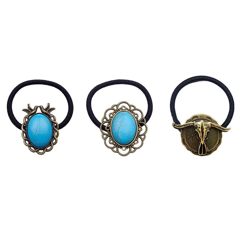 Retro Turquoise Hair Tie for Women - Oval Lace Inlaid Elastic Band - HalleBeauty