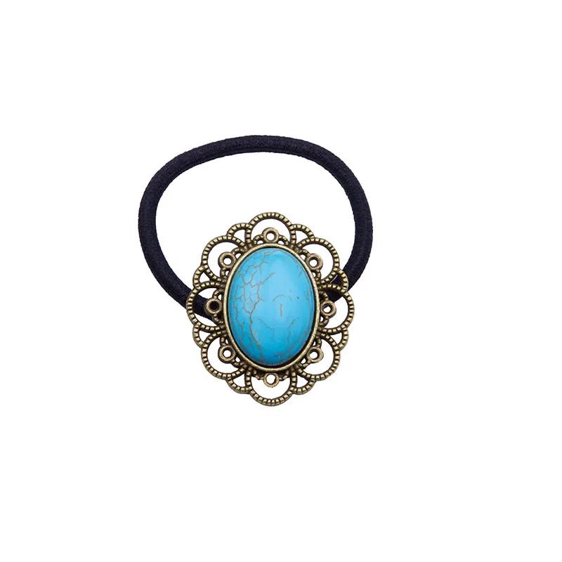 Retro Turquoise Hair Tie for Women - Oval Lace Inlaid Elastic Band - HalleBeauty