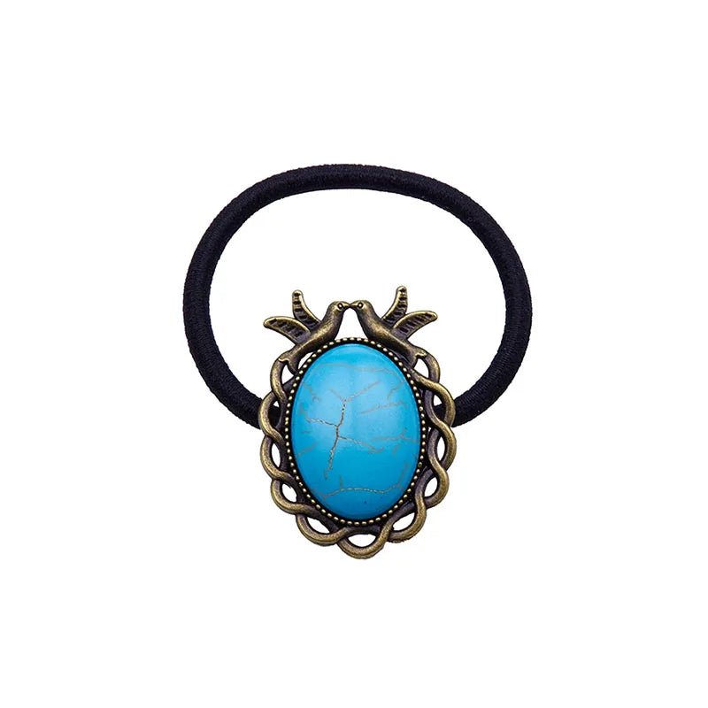 Retro Turquoise Hair Tie for Women - Oval Lace Inlaid Elastic Band - HalleBeauty