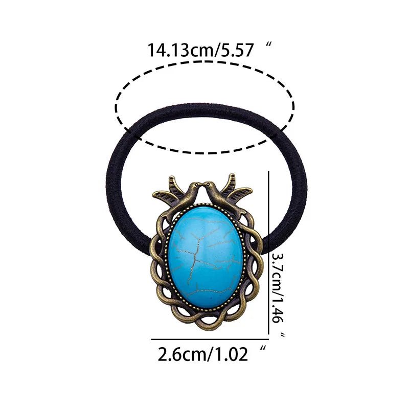 Retro Turquoise Hair Tie for Women - Oval Lace Inlaid Elastic Band - HalleBeauty