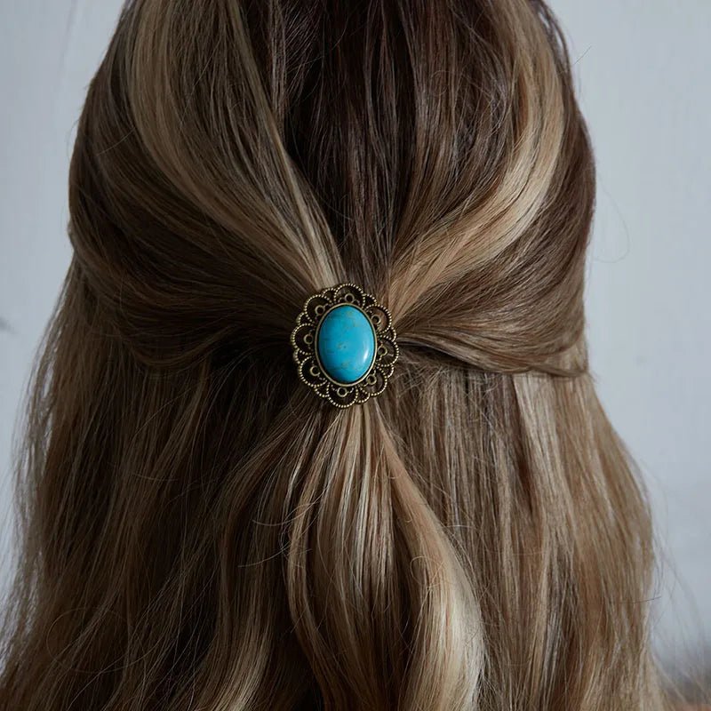 Retro Turquoise Hair Tie for Women - Oval Lace Inlaid Elastic Band - HalleBeauty