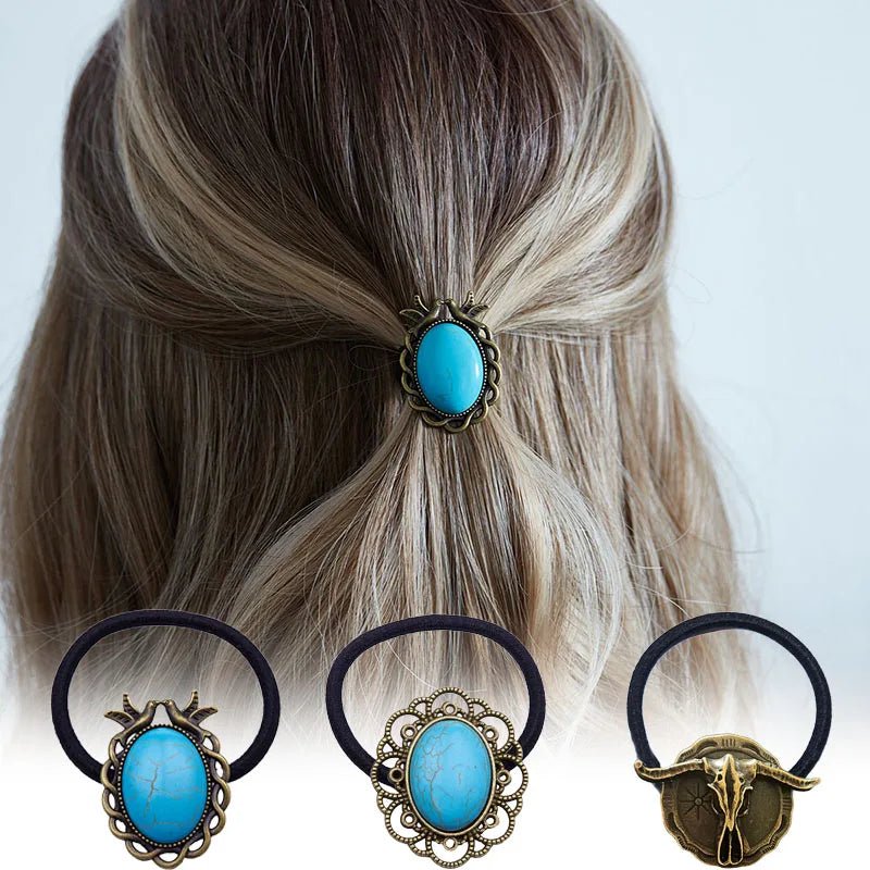 Retro Turquoise Hair Tie for Women - Oval Lace Inlaid Elastic Band - HalleBeauty