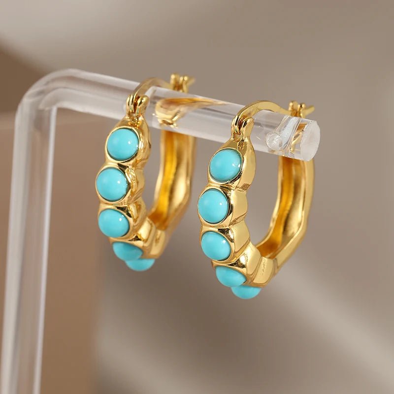 Retro Turquoise Hoop Earrings - Bohemian Women’s Holiday Party Jewelry - HalleBeauty